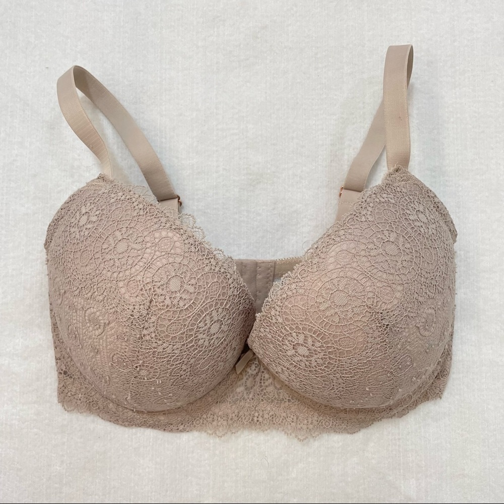 Sophie B all-over lace lightly padded underwire beige bra rose gold hardware 36D